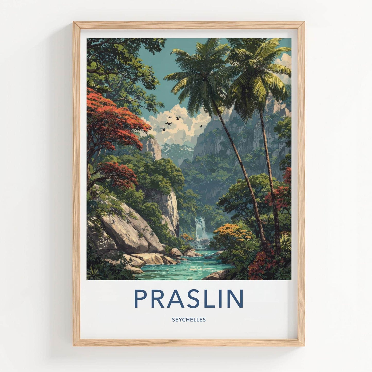 Praslin Poster - Seychelles Travel Art - Lush Tropical Waterfall Home Decor