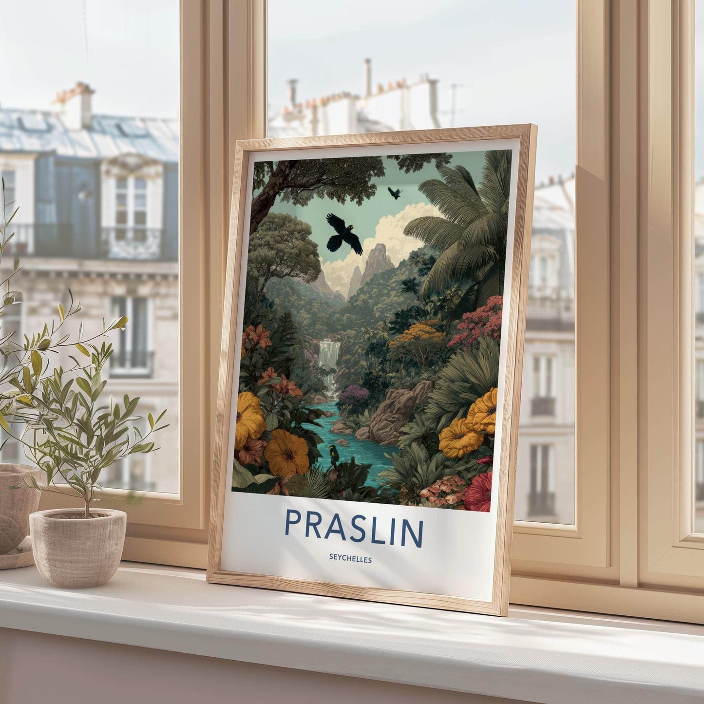 Praslin Poster - Seychelles Travel Art - Lush Tropical Waterfall Home Decor