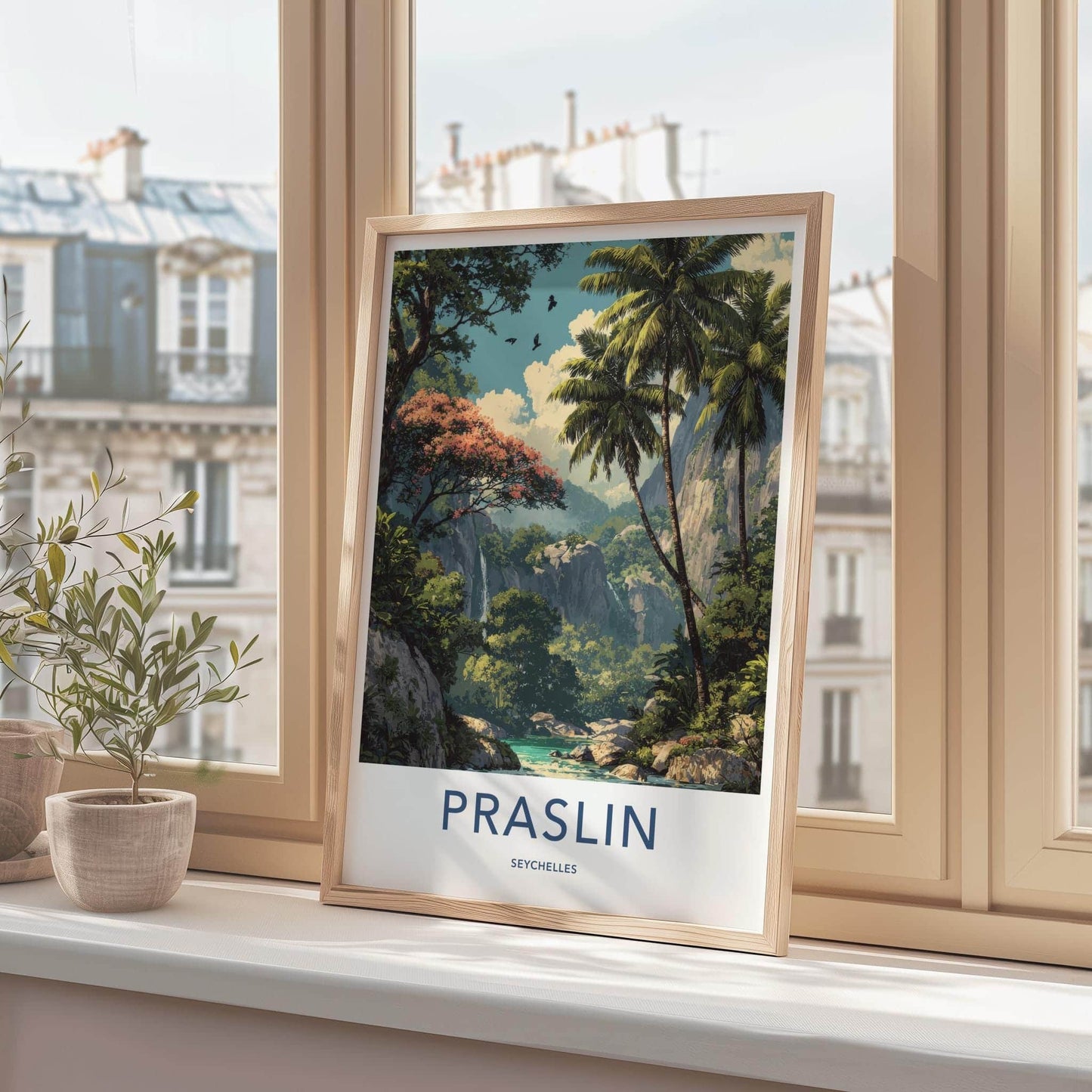 Praslin Poster - Seychelles Travel Art - Lush Tropical Waterfalls Home Decor