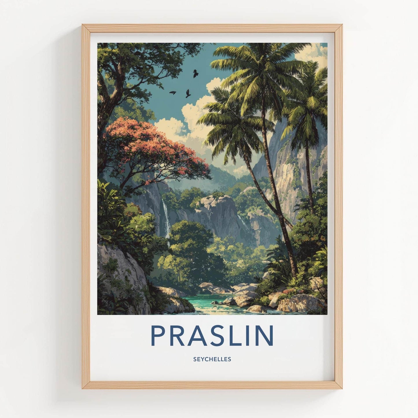 Praslin Poster - Seychelles Travel Art - Lush Tropical Waterfalls Home Decor