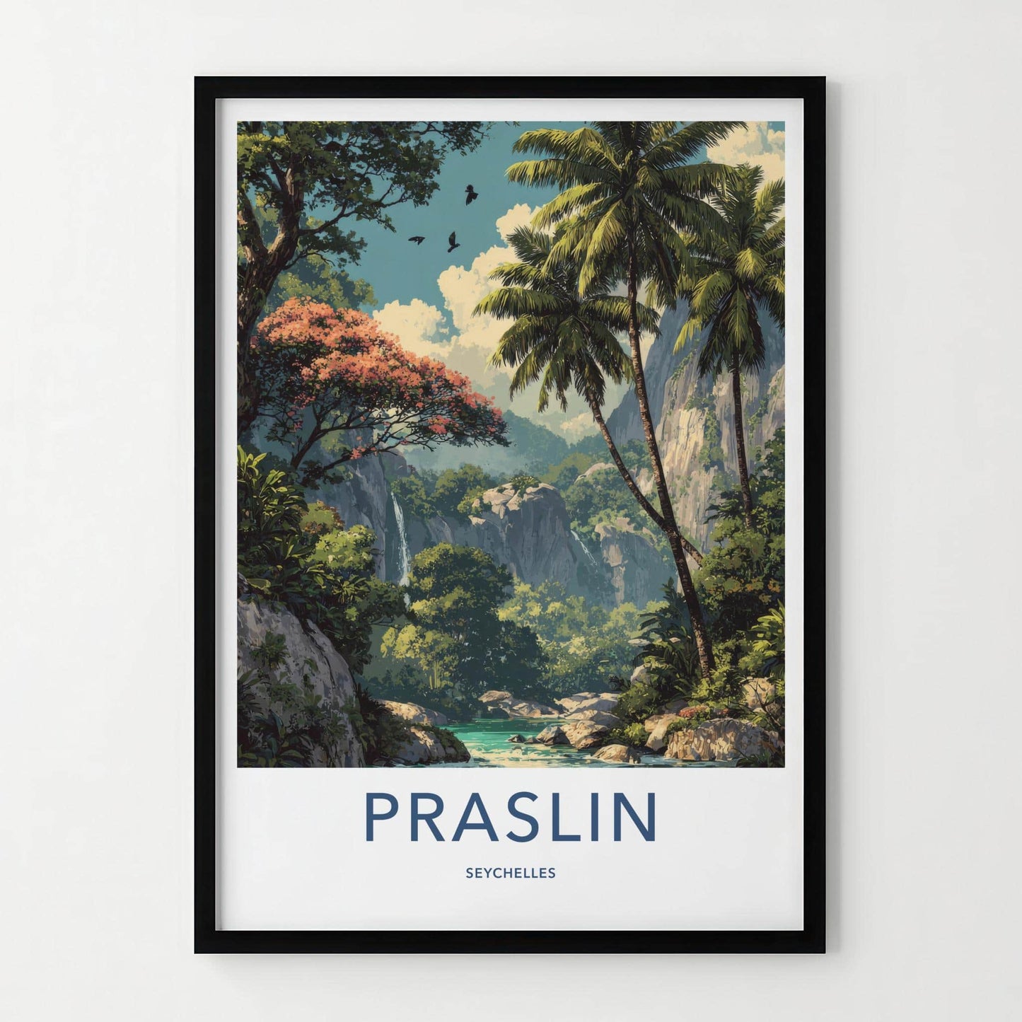 Praslin Poster - Seychelles Travel Art - Lush Tropical Waterfalls Home Decor
