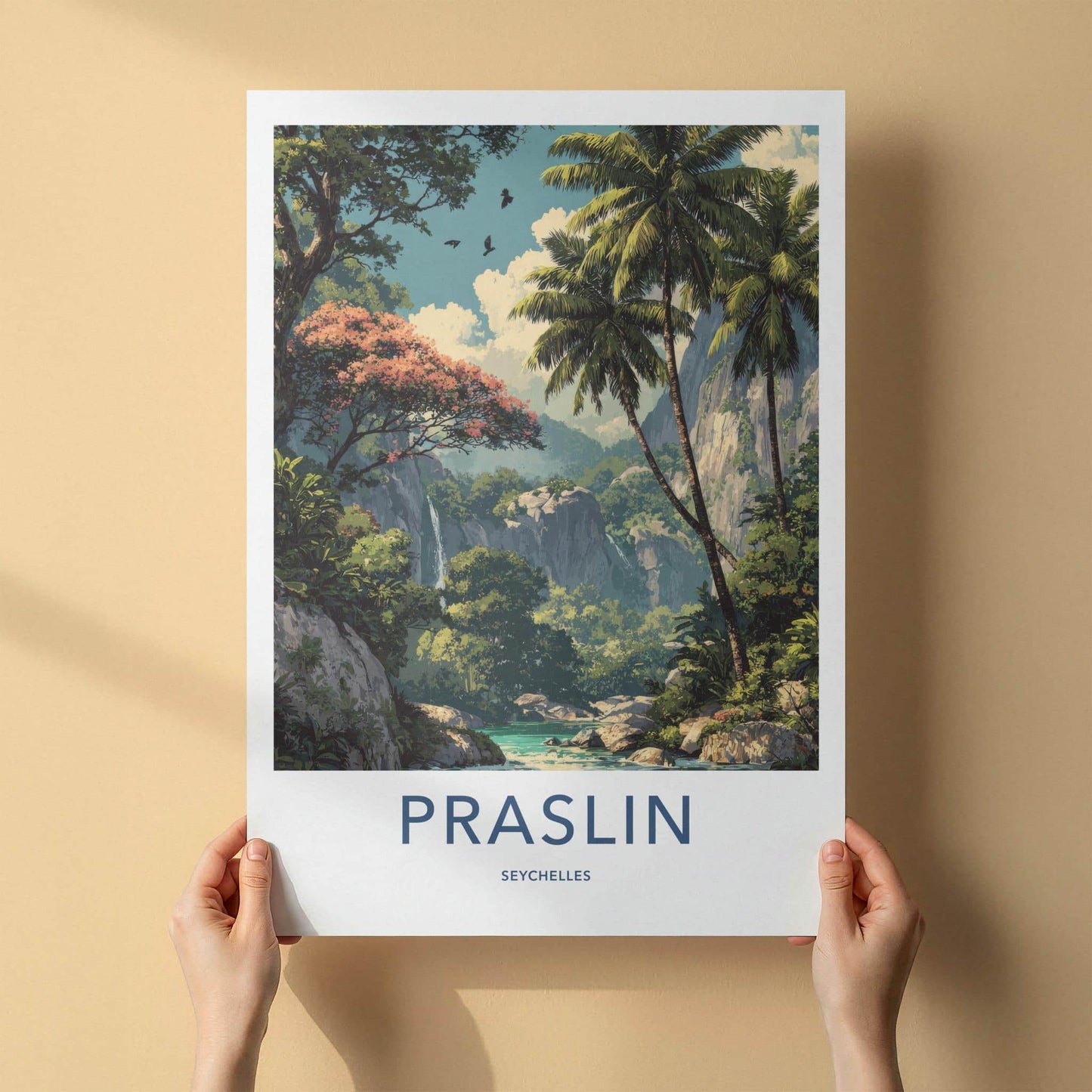 Praslin Poster - Seychelles Travel Art - Lush Tropical Waterfalls Home Decor