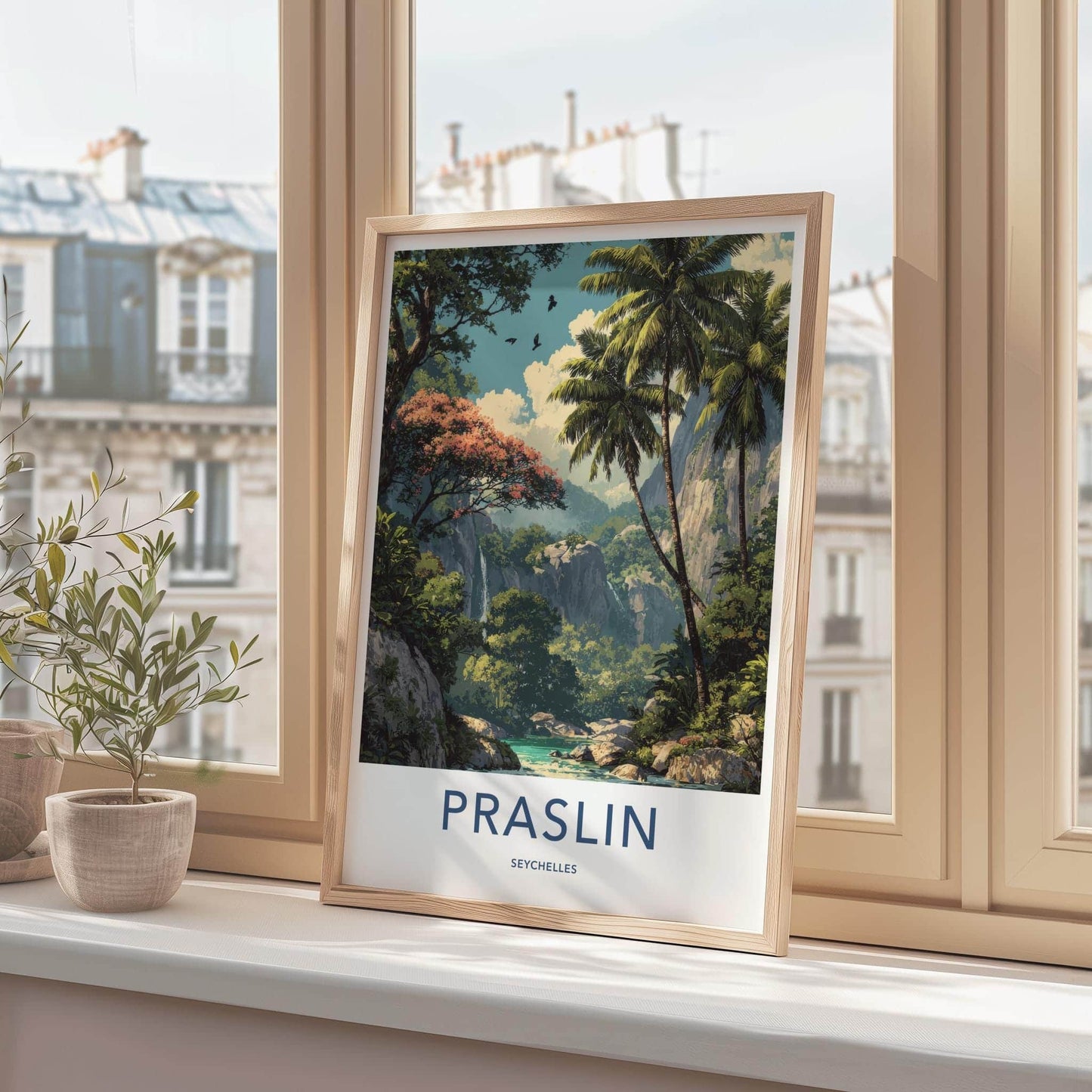 Praslin Poster - Seychelles Travel Art - Lush Tropical Waterfalls Home Decor