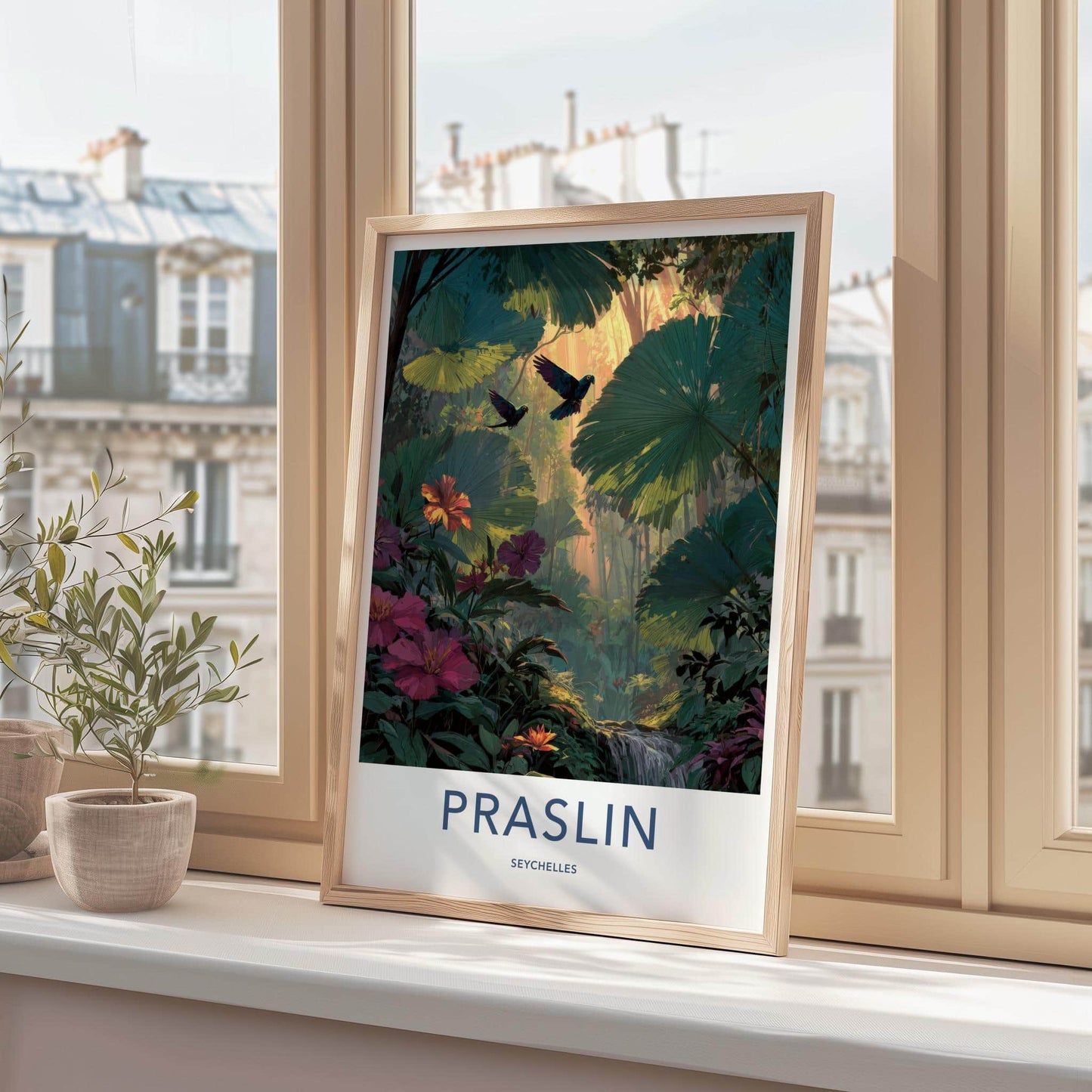 Praslin Poster - Seychelles Travel Art - Sunlit Jungle Parrots Wall Decor