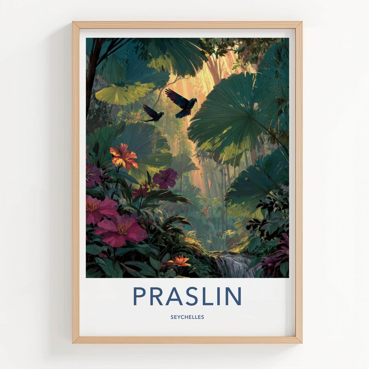Praslin Poster - Seychelles Travel Art - Sunlit Jungle Parrots Wall Decor