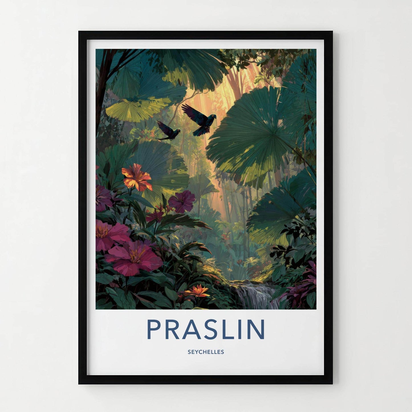 Praslin Poster - Seychelles Travel Art - Sunlit Jungle Parrots Wall Decor