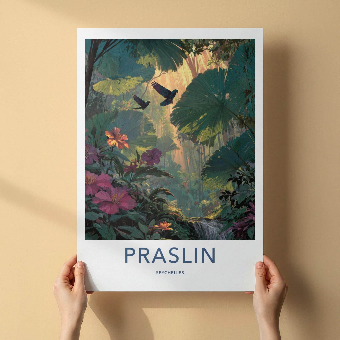 Praslin Poster - Seychelles Travel Art - Sunlit Jungle Parrots Wall Decor
