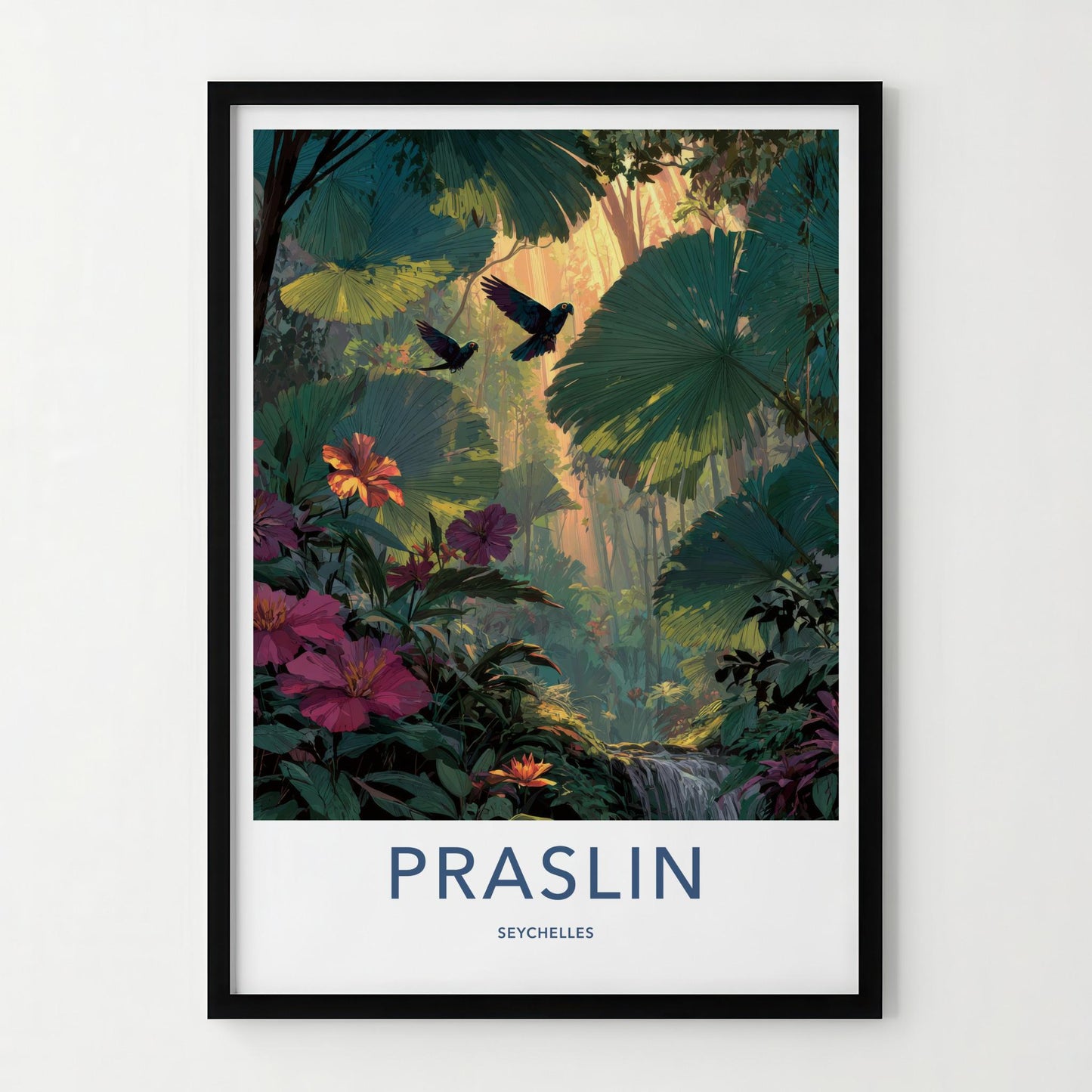 Praslin Poster - Seychelles Travel Art - Sunlit Rainforest Birds Wall Decor
