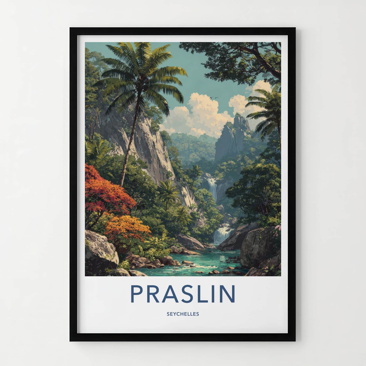 Praslin Poster - Seychelles Travel Art - Tropical Jungle Waterfall Gallery Art