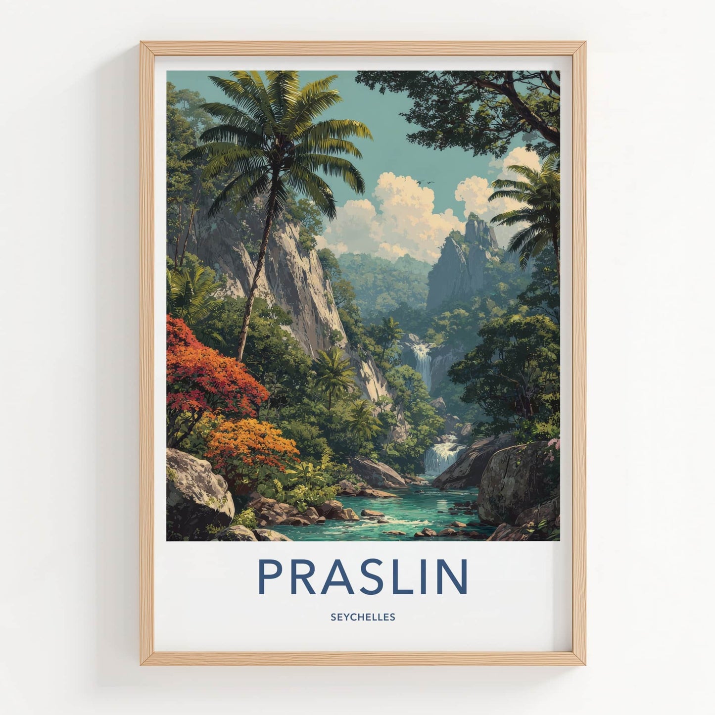Praslin Poster - Seychelles Travel Art - Tropical Jungle Waterfall Gallery Art