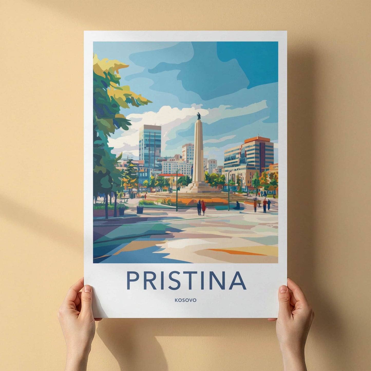 Pristina Poster - Kosovo Travel Art - Central Plaza Obelisk Home Decor