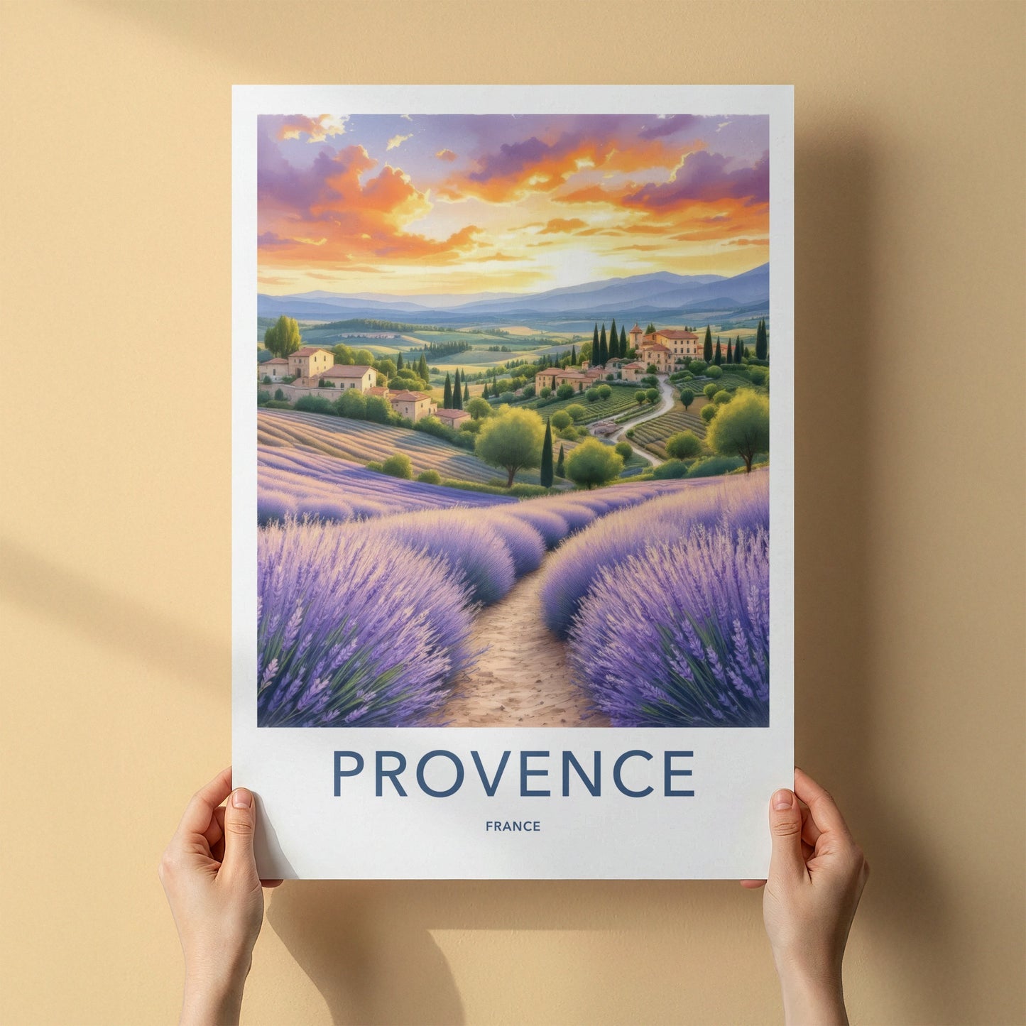 Provence Poster - France Travel Art - Lavender Field Sunset Home Decor