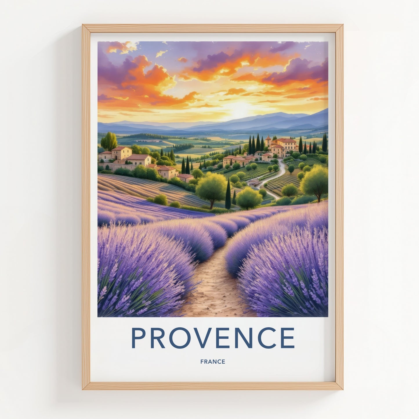 Provence Poster - France Travel Art - Lavender Field Sunset Home Decor