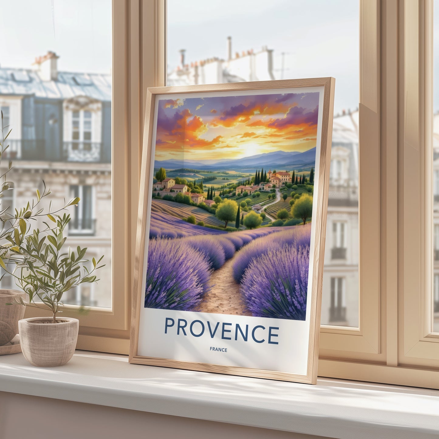Provence Poster - France Travel Art - Lavender Field Sunset Home Decor