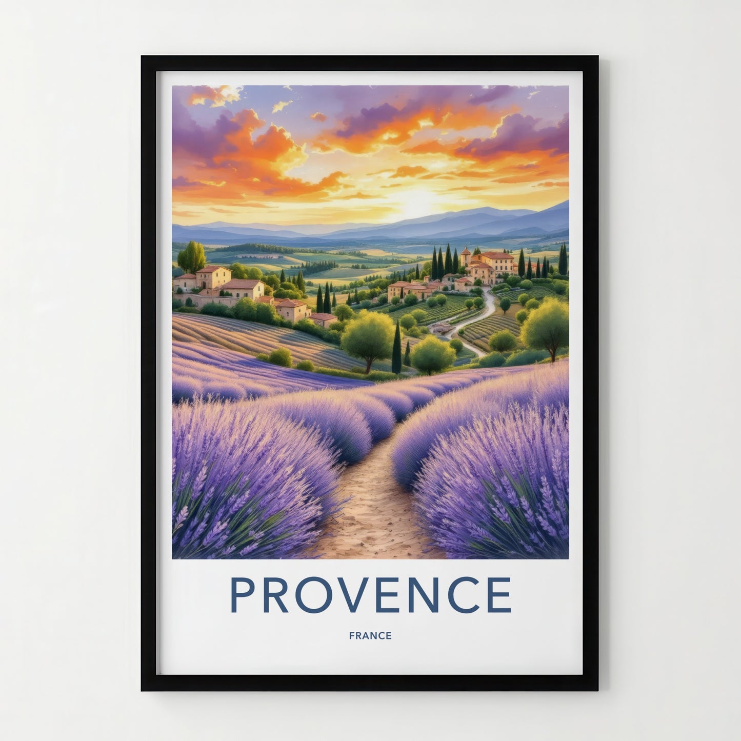Provence Poster - France Travel Art - Lavender Field Sunset Home Decor