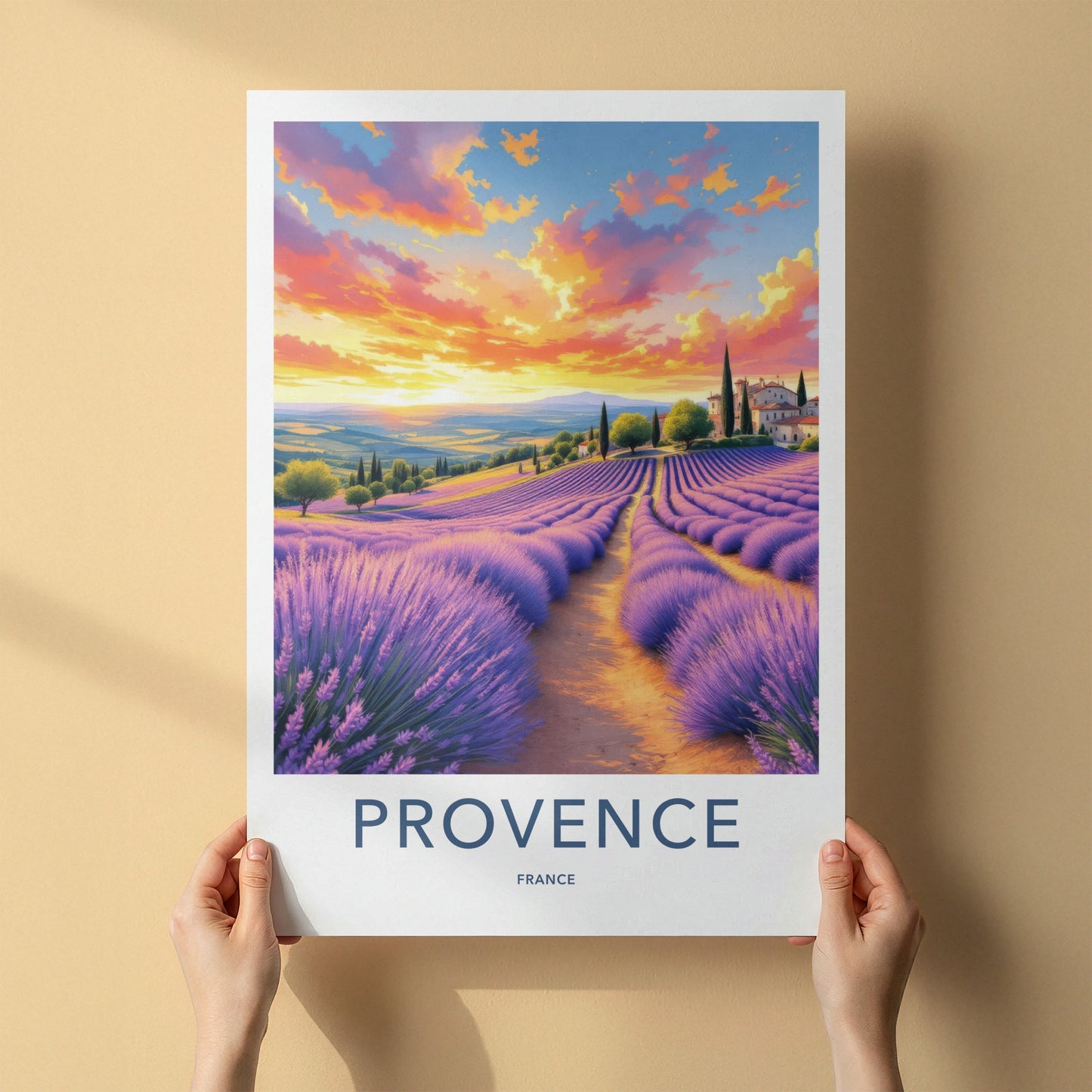 Provence Poster - France Travel Art - Lavender Fields Sunset Home Decor