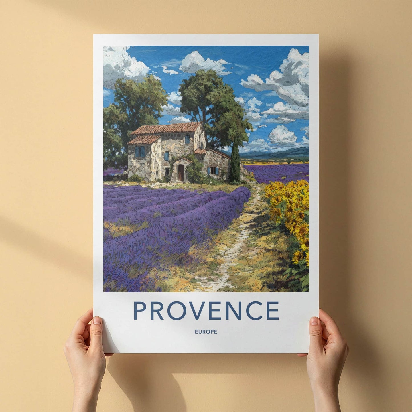 Provence Poster - France Travel Print - Stone Building Fields Home Art