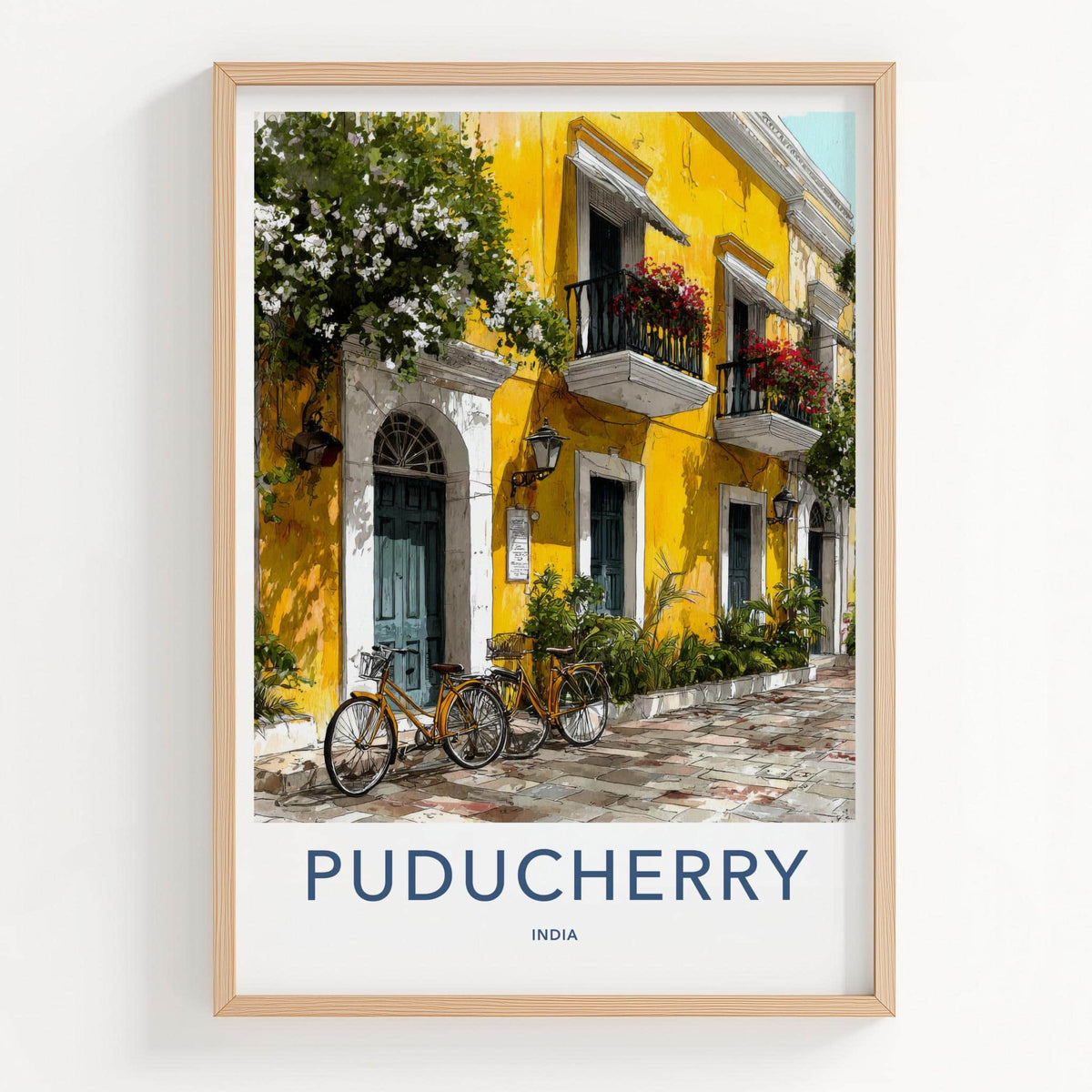 Puducherry Poster - India Travel Art - Puducherry Yellow Building Bicycles Home Decor