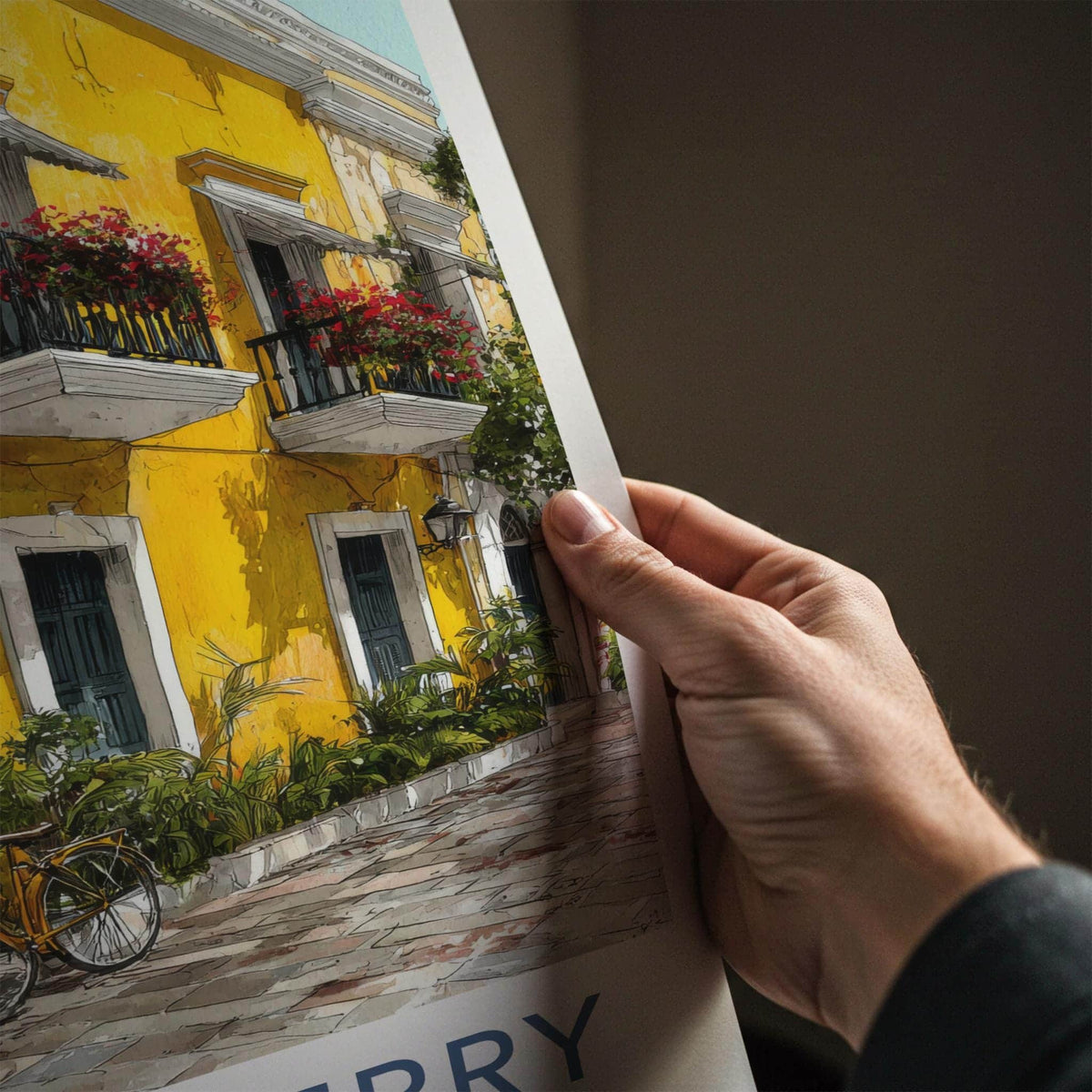 Puducherry Poster - India Travel Art - Puducherry Yellow Building Bicycles Home Decor