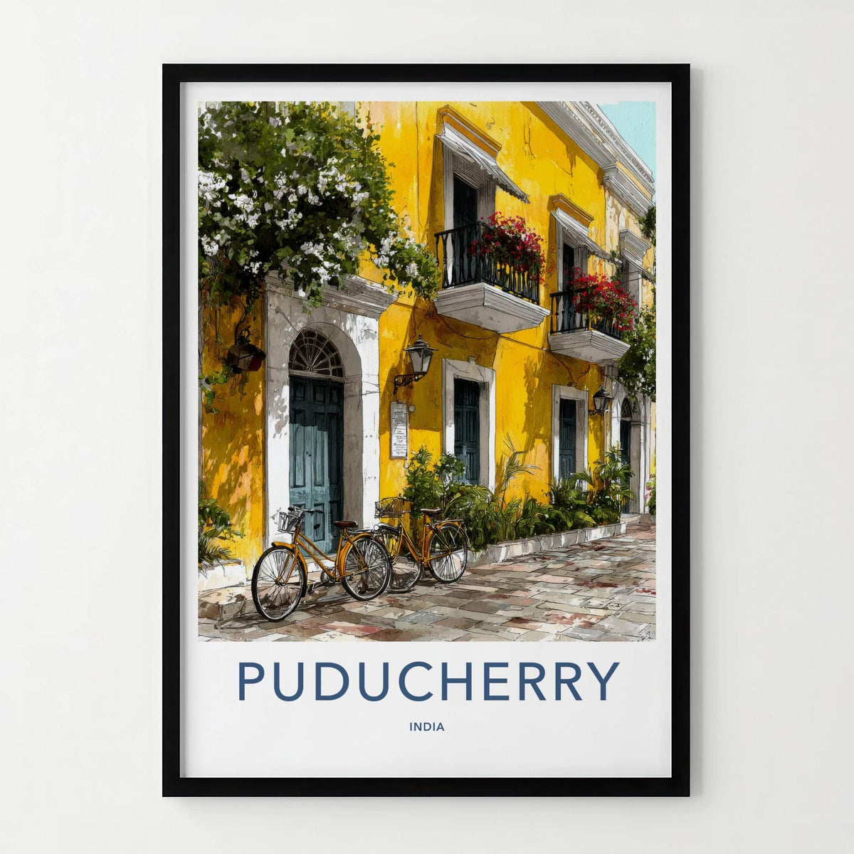 Puducherry Poster - India Travel Art - Puducherry Yellow Building Bicycles Home Decor