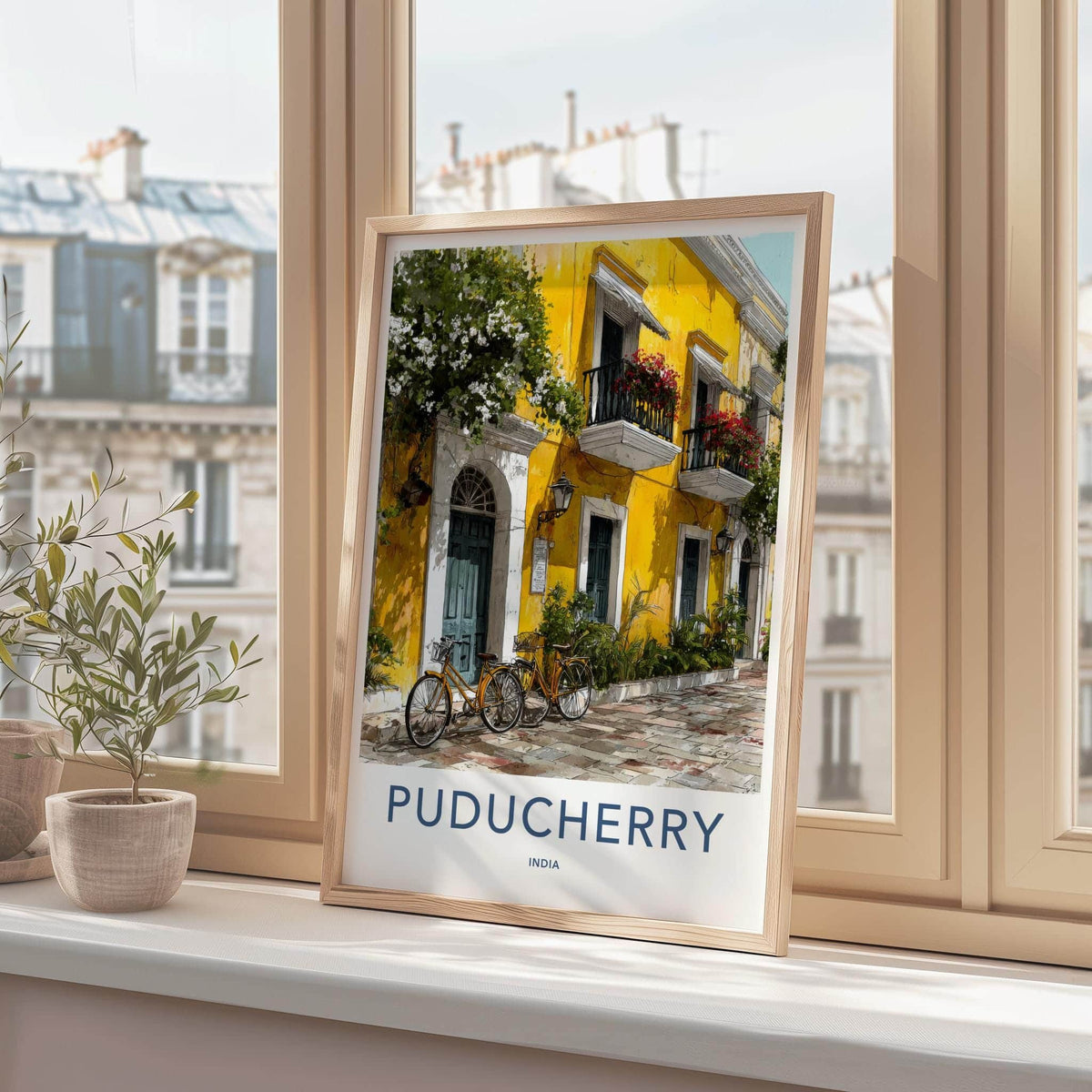 Puducherry Poster - India Travel Art - Puducherry Yellow Building Bicycles Home Decor