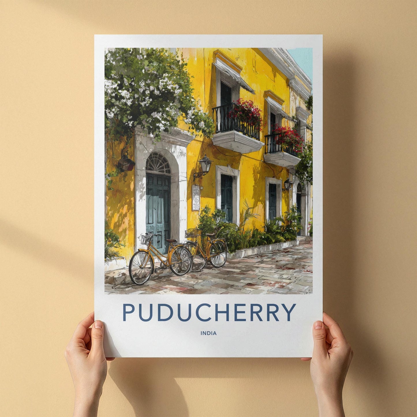 Puducherry Poster - India Travel Art - Puducherry Yellow Building Bicycles Home Decor