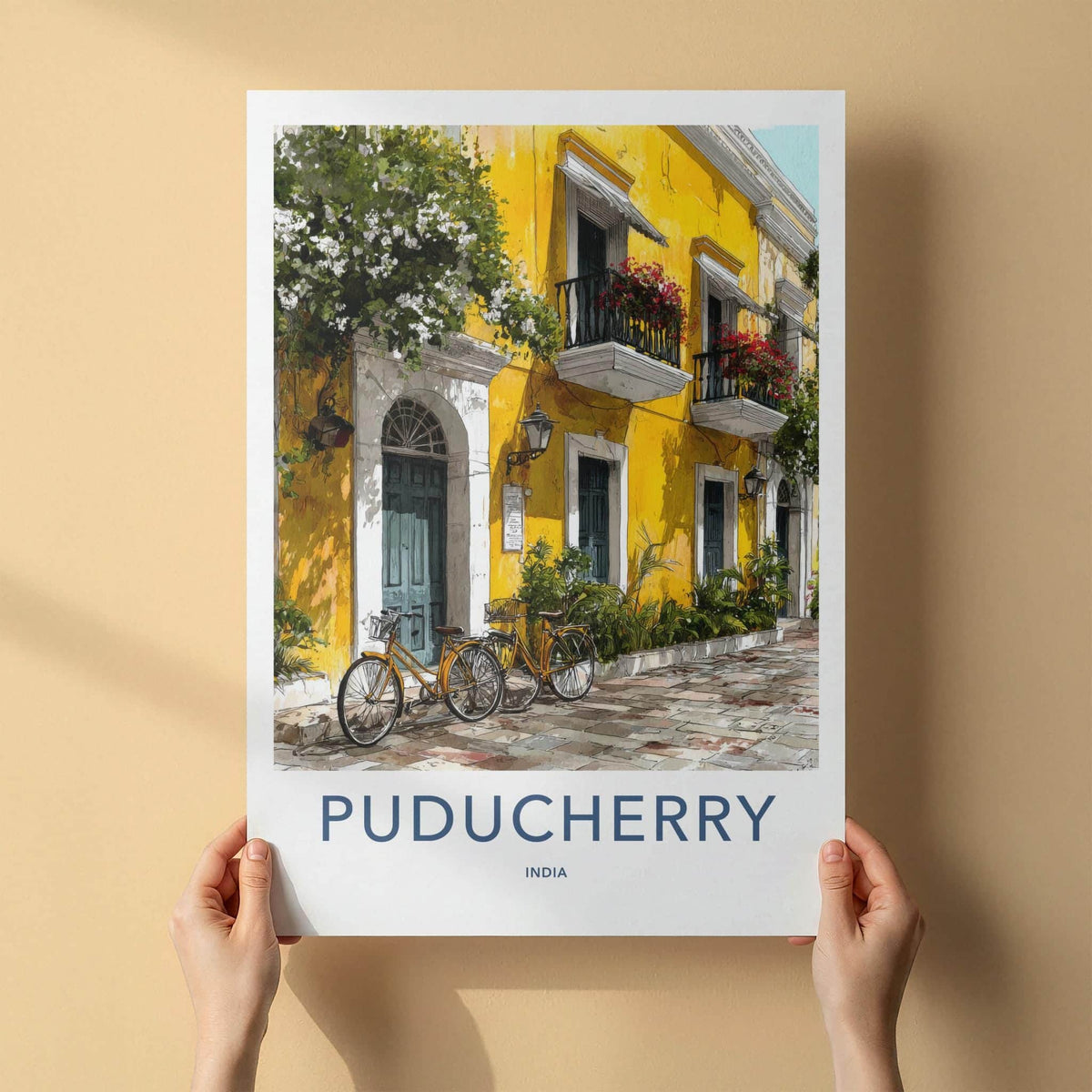 Puducherry Poster - India Travel Art - Puducherry Yellow Building Bicycles Home Decor