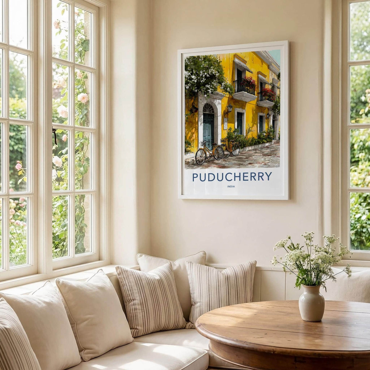 Puducherry Poster - India Travel Art - Puducherry Yellow Building Bicycles Home Decor