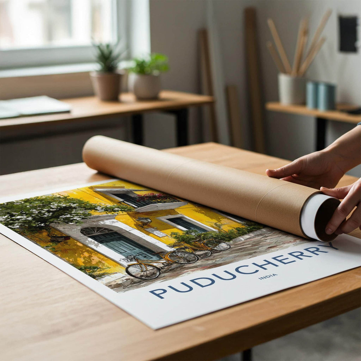 Puducherry Poster - India Travel Art - Puducherry Yellow Building Bicycles Home Decor