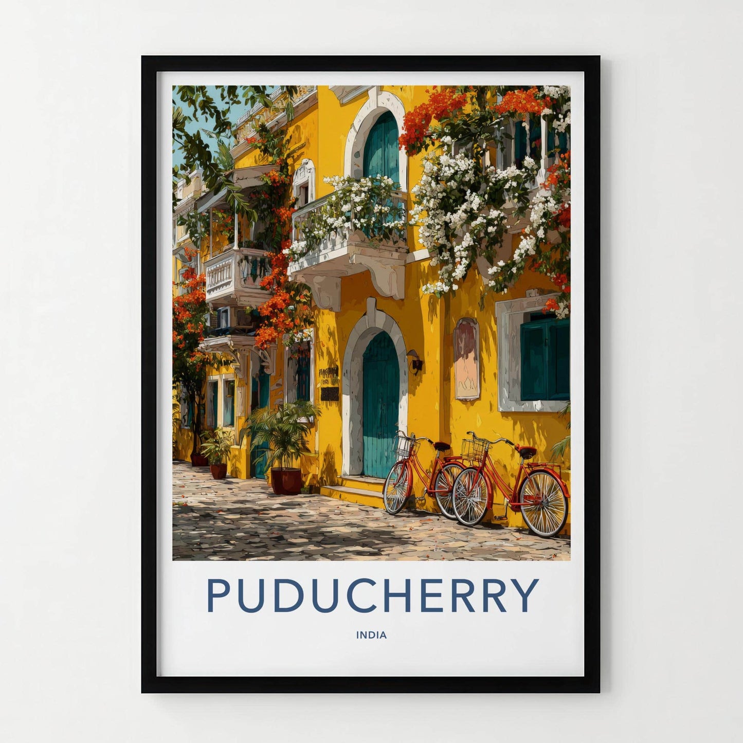 Puducherry Poster - India Travel Art - Puducherry Yellow Building Bicycles Home Decor