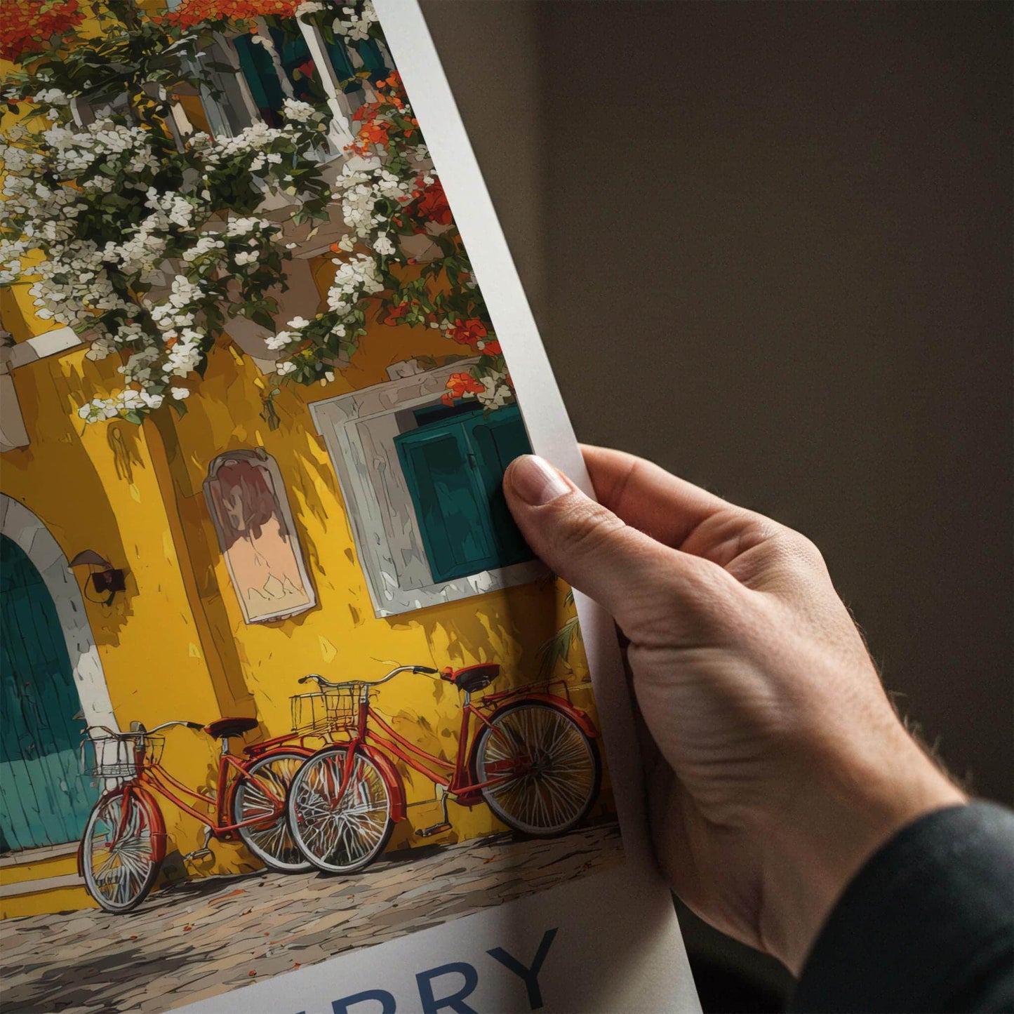 Puducherry Poster - India Travel Art - Puducherry Yellow Building Bicycles Home Decor