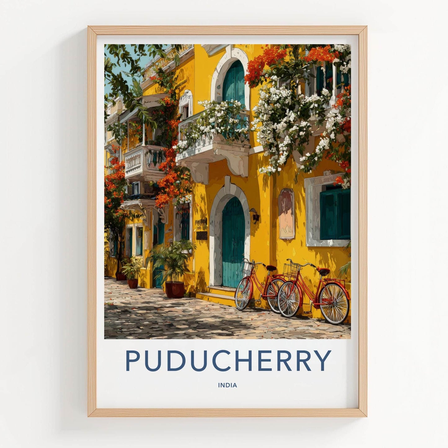 Puducherry Poster - India Travel Art - Puducherry Yellow Building Bicycles Home Decor