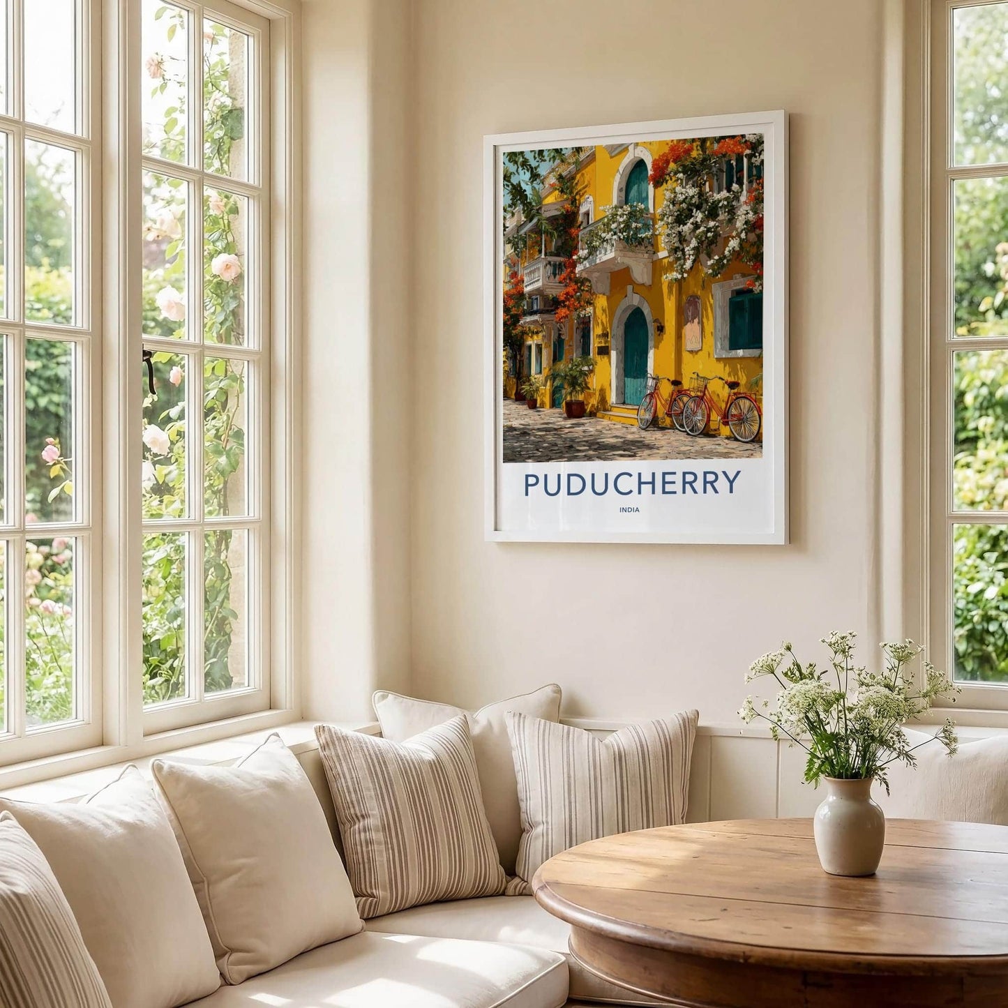 Puducherry Poster - India Travel Art - Puducherry Yellow Building Bicycles Home Decor