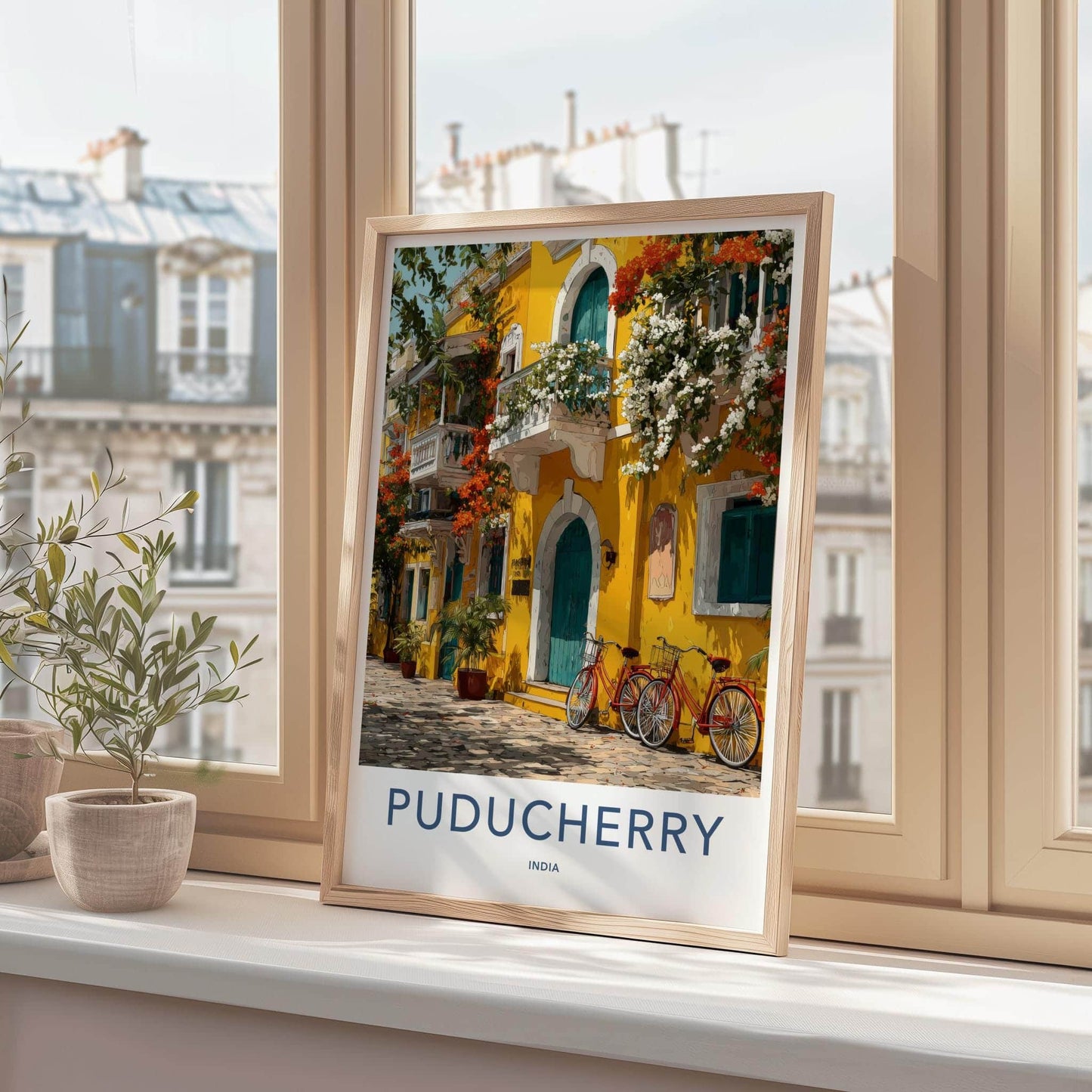 Puducherry Poster - India Travel Art - Puducherry Yellow Building Bicycles Home Decor