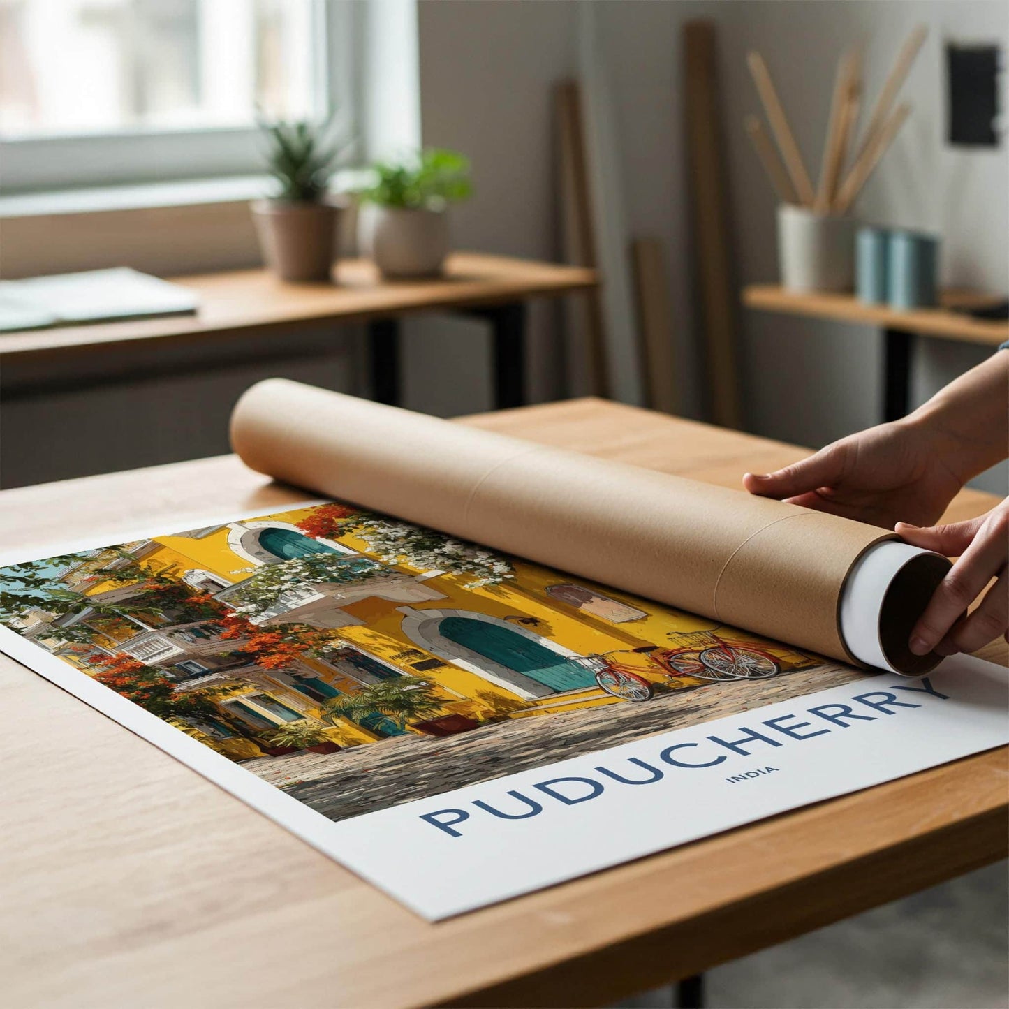 Puducherry Poster - India Travel Art - Puducherry Yellow Building Bicycles Home Decor