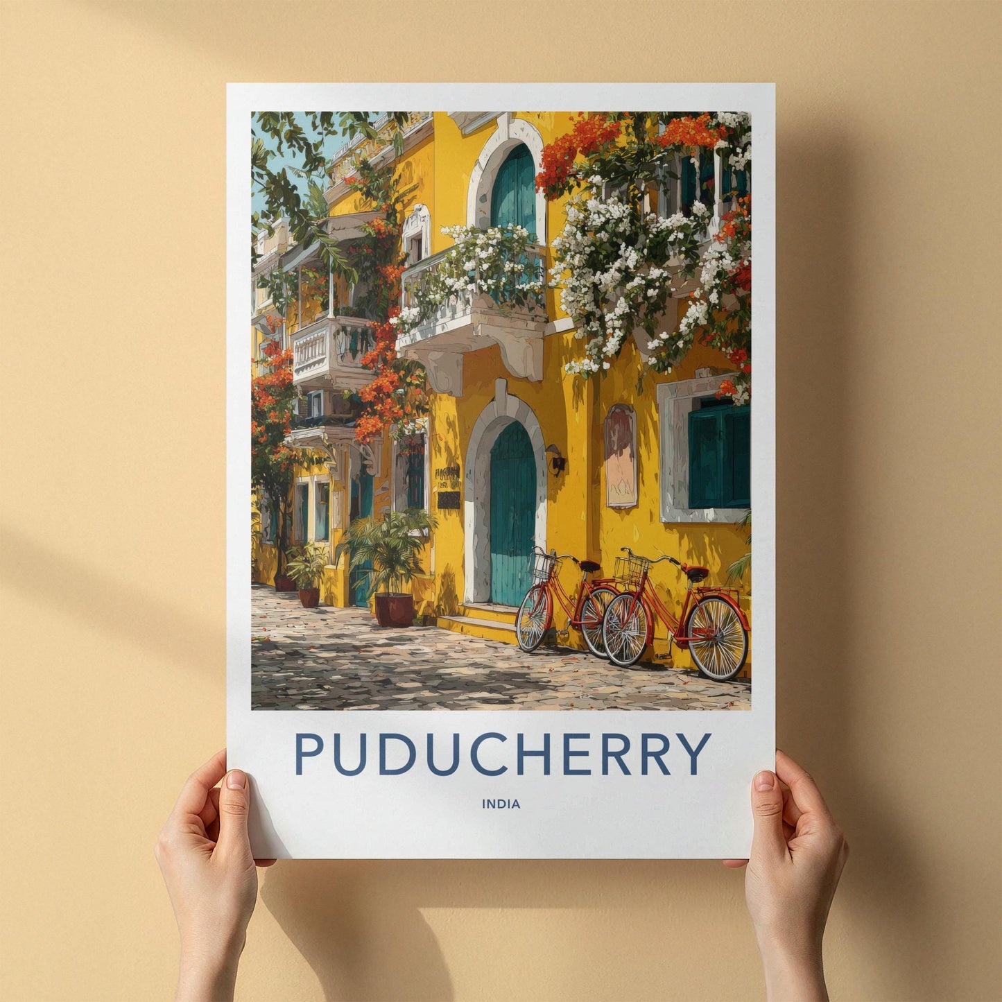 Puducherry Poster - India Travel Art - Puducherry Yellow Building Bicycles Home Decor