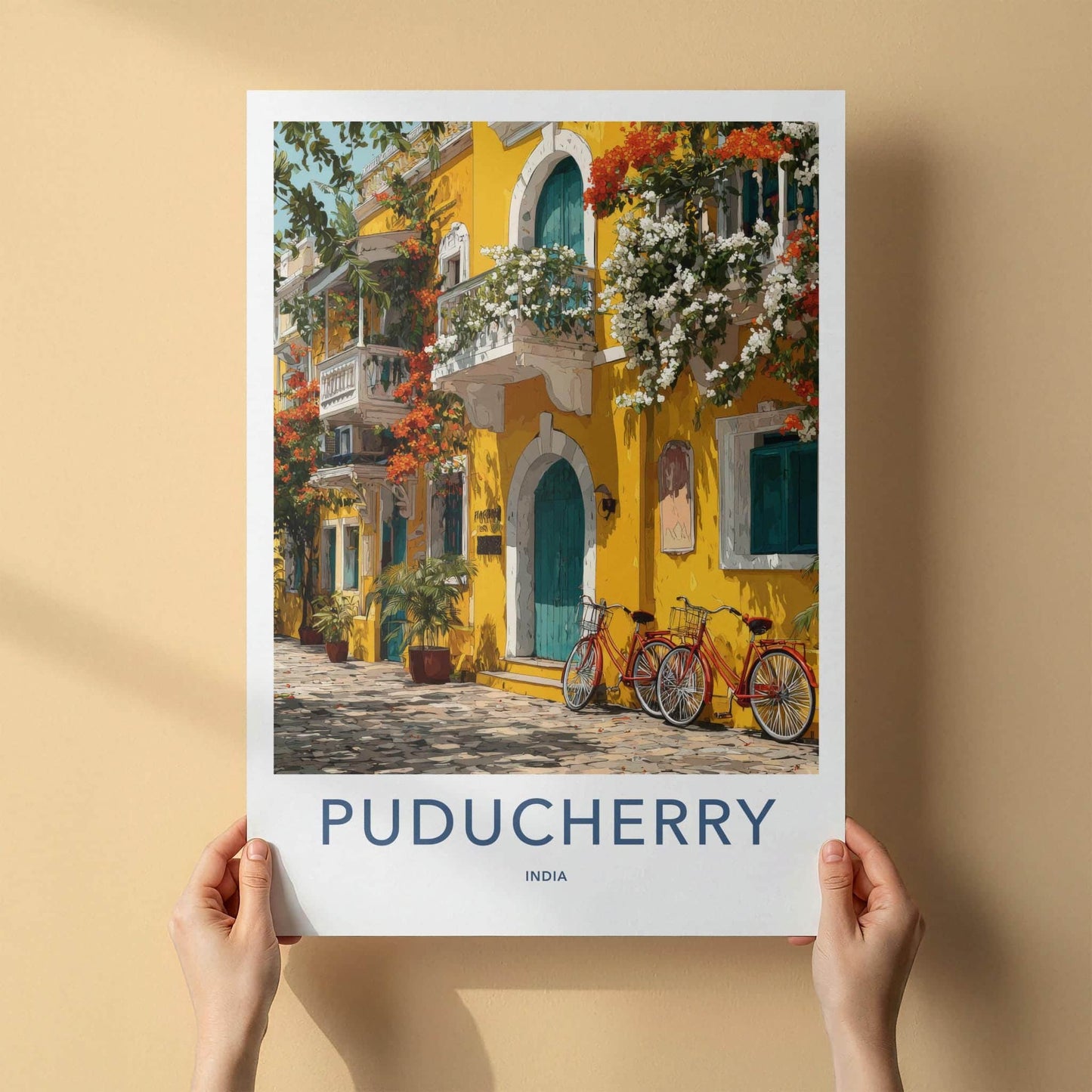 Puducherry Poster - India Travel Art - Puducherry Yellow Building Bicycles Home Decor