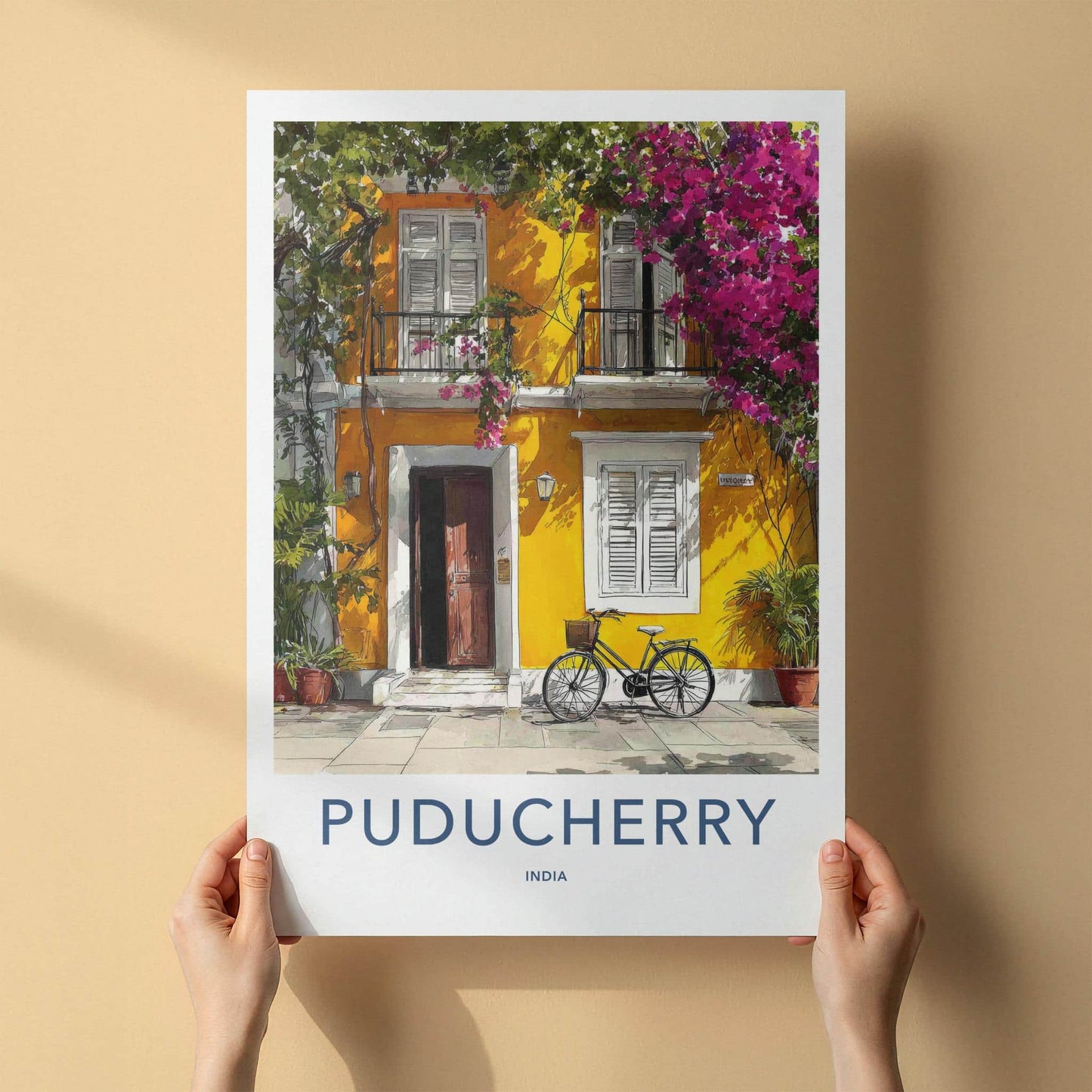 Puducherry Poster - India Travel Art - Puducherry Yellow facade bike Home Decor