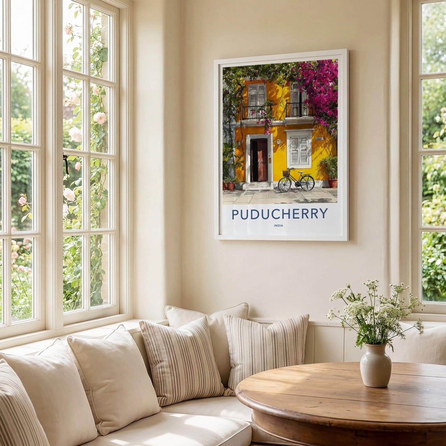 Puducherry Poster - India Travel Art - Puducherry Yellow facade bike Home Decor