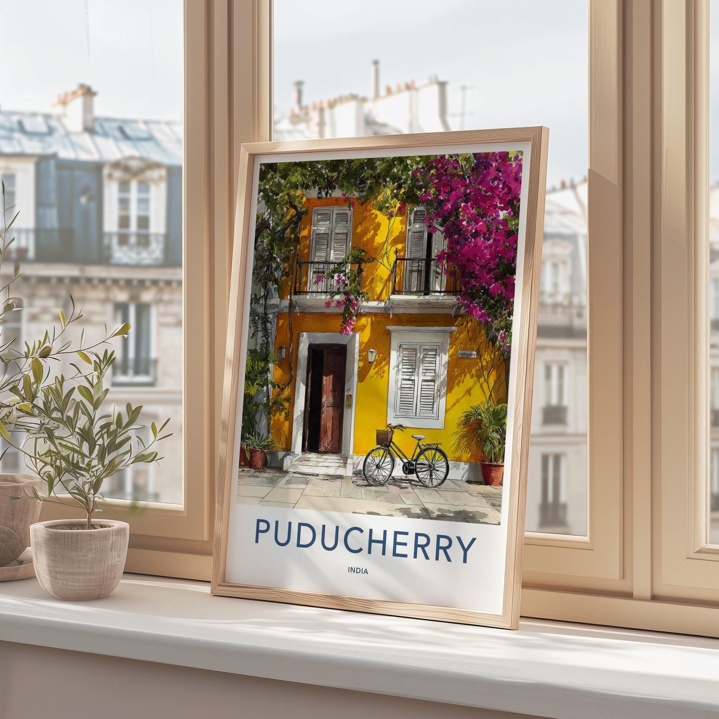 Puducherry Poster - India Travel Art - Puducherry Yellow facade bike Home Decor