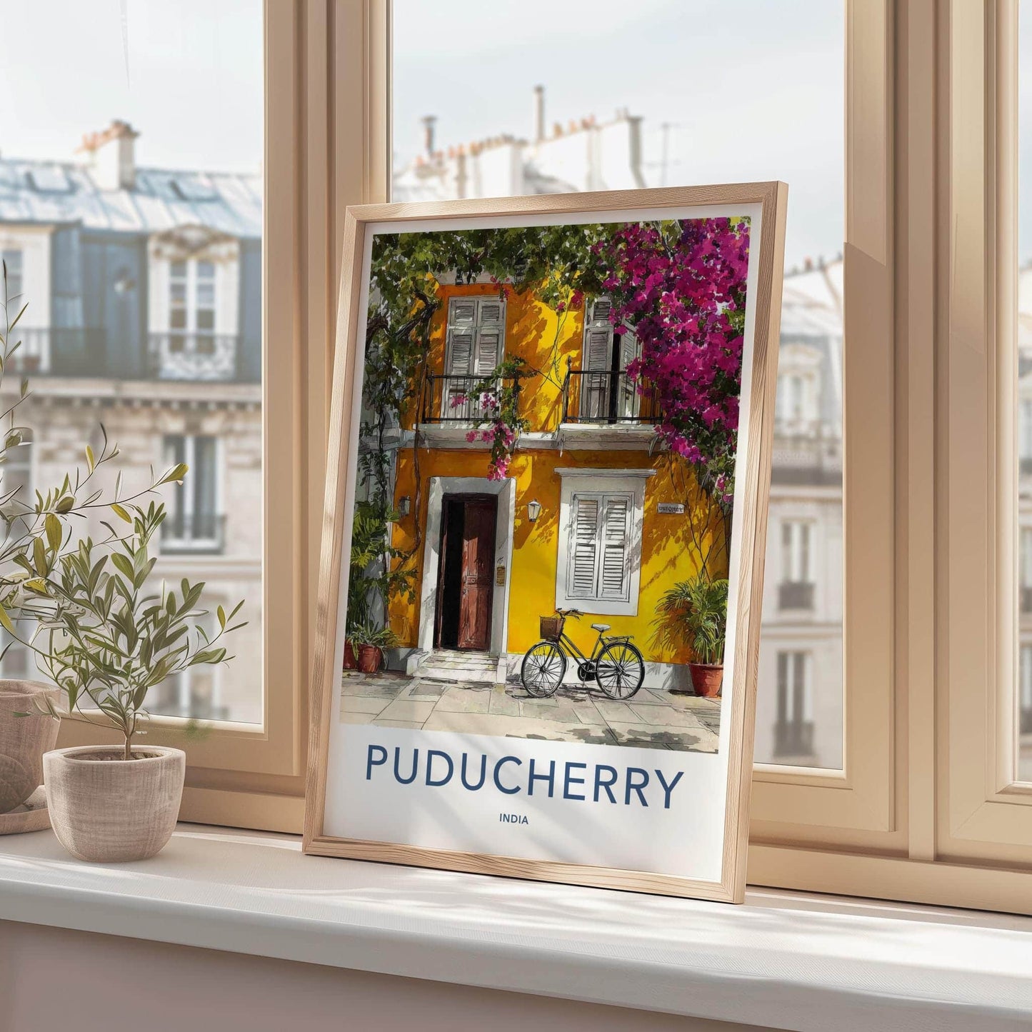 Puducherry Poster - India Travel Art - Puducherry Yellow facade bike Home Decor