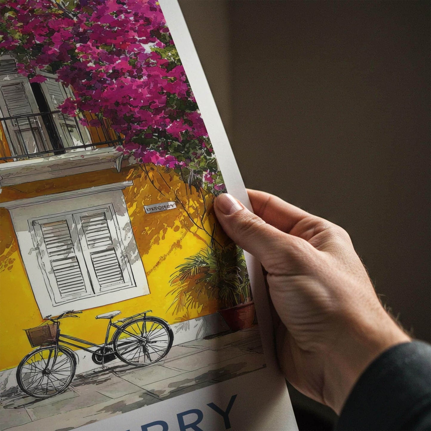 Puducherry Poster - India Travel Art - Puducherry Yellow facade bike Home Decor