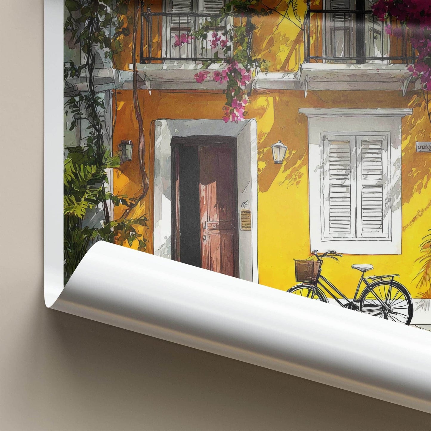 Puducherry Poster - India Travel Art - Puducherry Yellow facade bike Home Decor