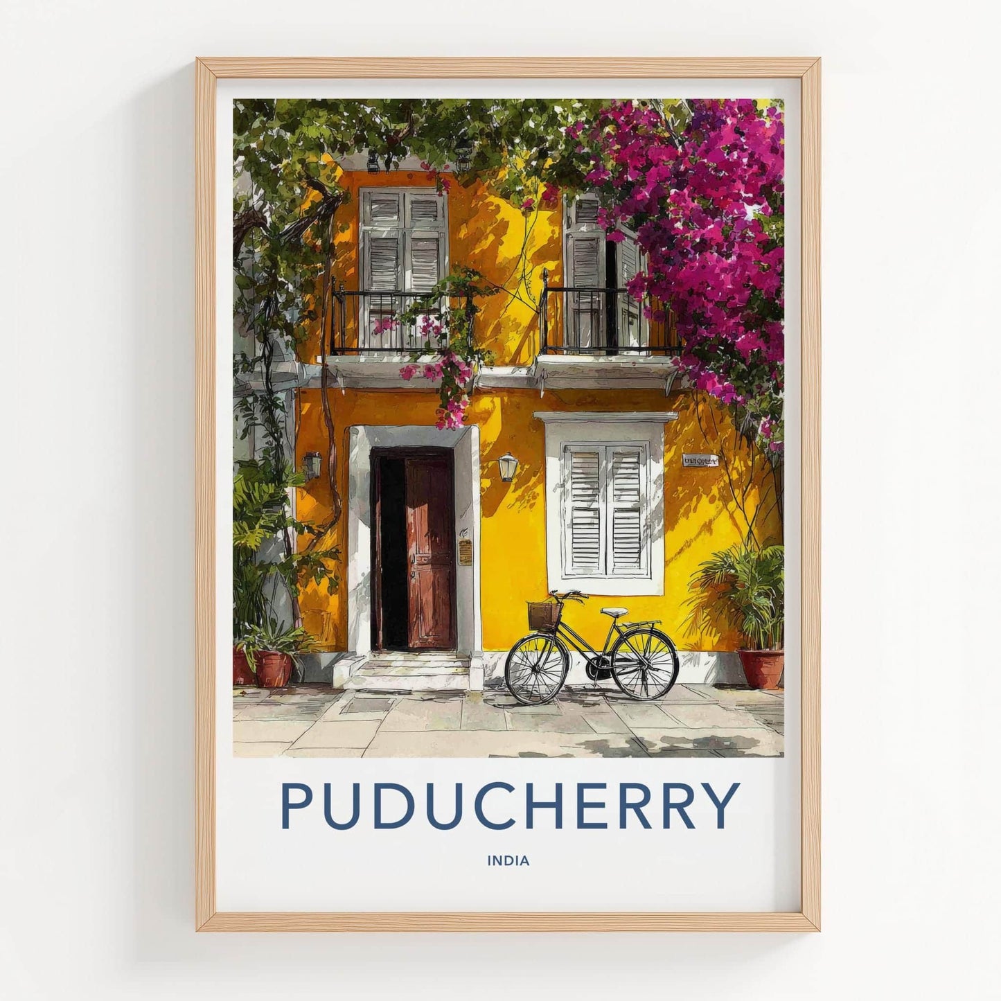 Puducherry Poster - India Travel Art - Puducherry Yellow facade bike Home Decor
