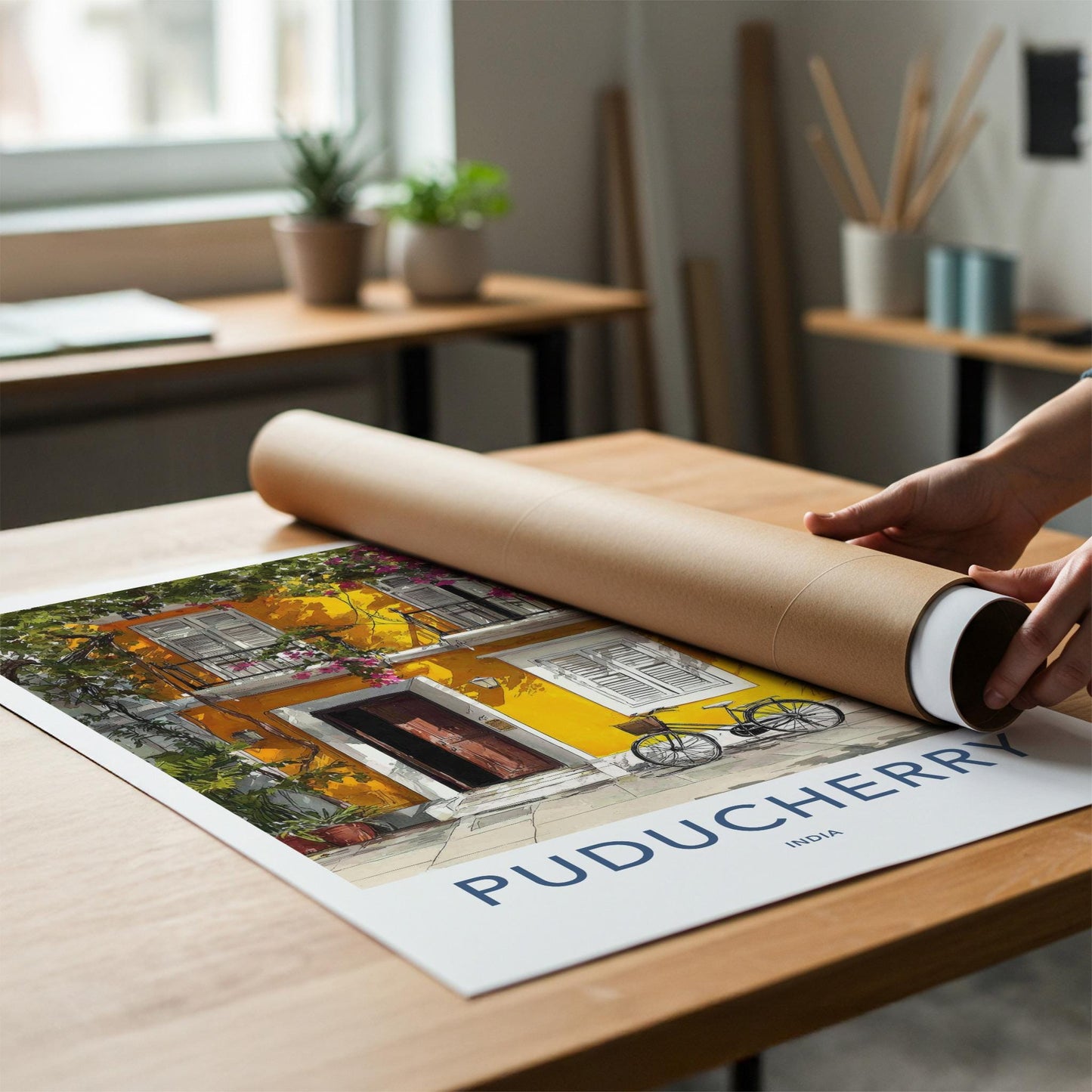 Puducherry Poster - India Travel Art - Puducherry Yellow facade bike Home Decor