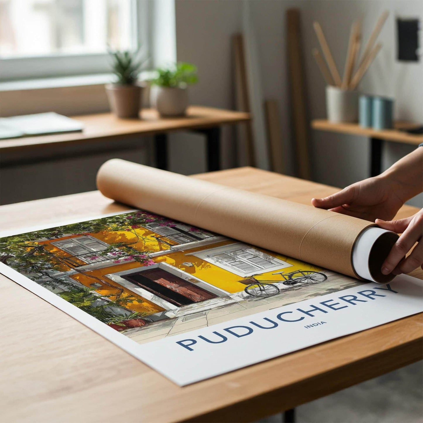 Puducherry Poster - India Travel Art - Puducherry Yellow facade bike Home Decor