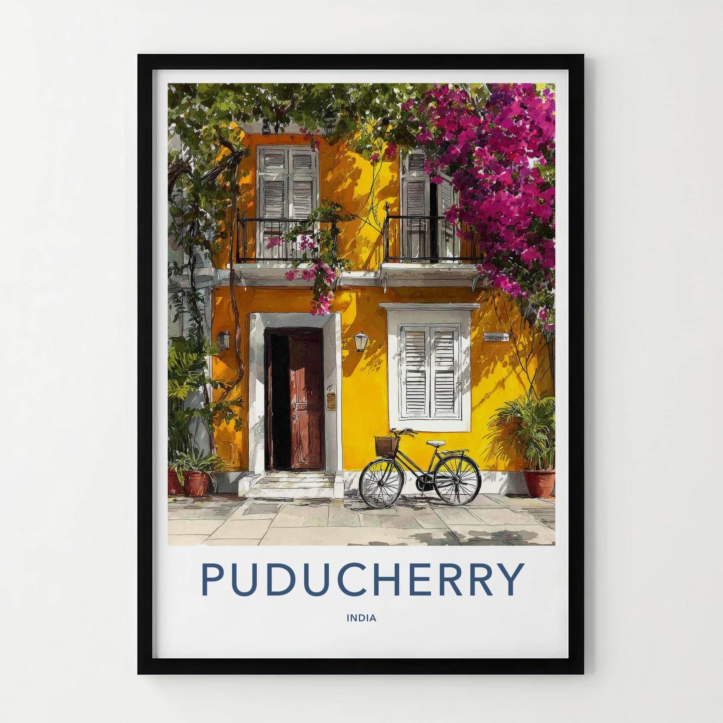 Puducherry Poster - India Travel Art - Puducherry Yellow facade bike Home Decor
