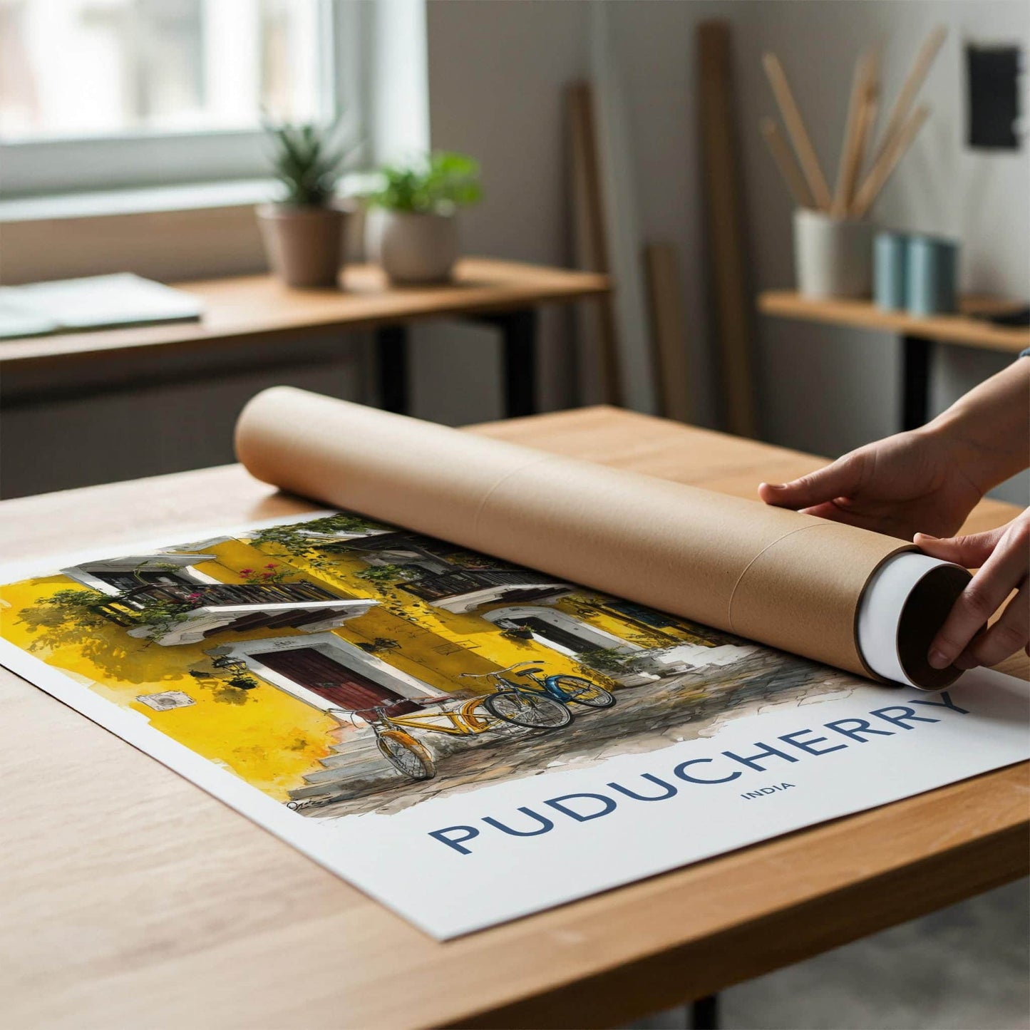 Puducherry Poster - India Wall Art - Puducherry Yellow Bicycles Gift