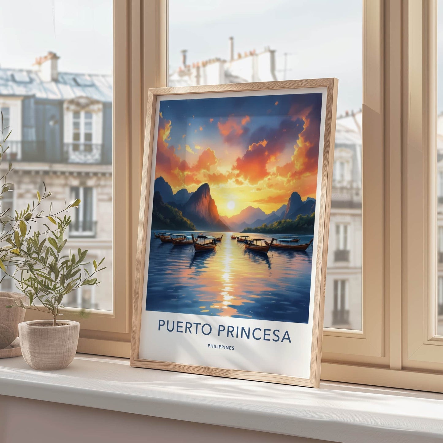 Puerto Princesa Poster - Philippines Travel Art - Boats ocean sunset Home Decor