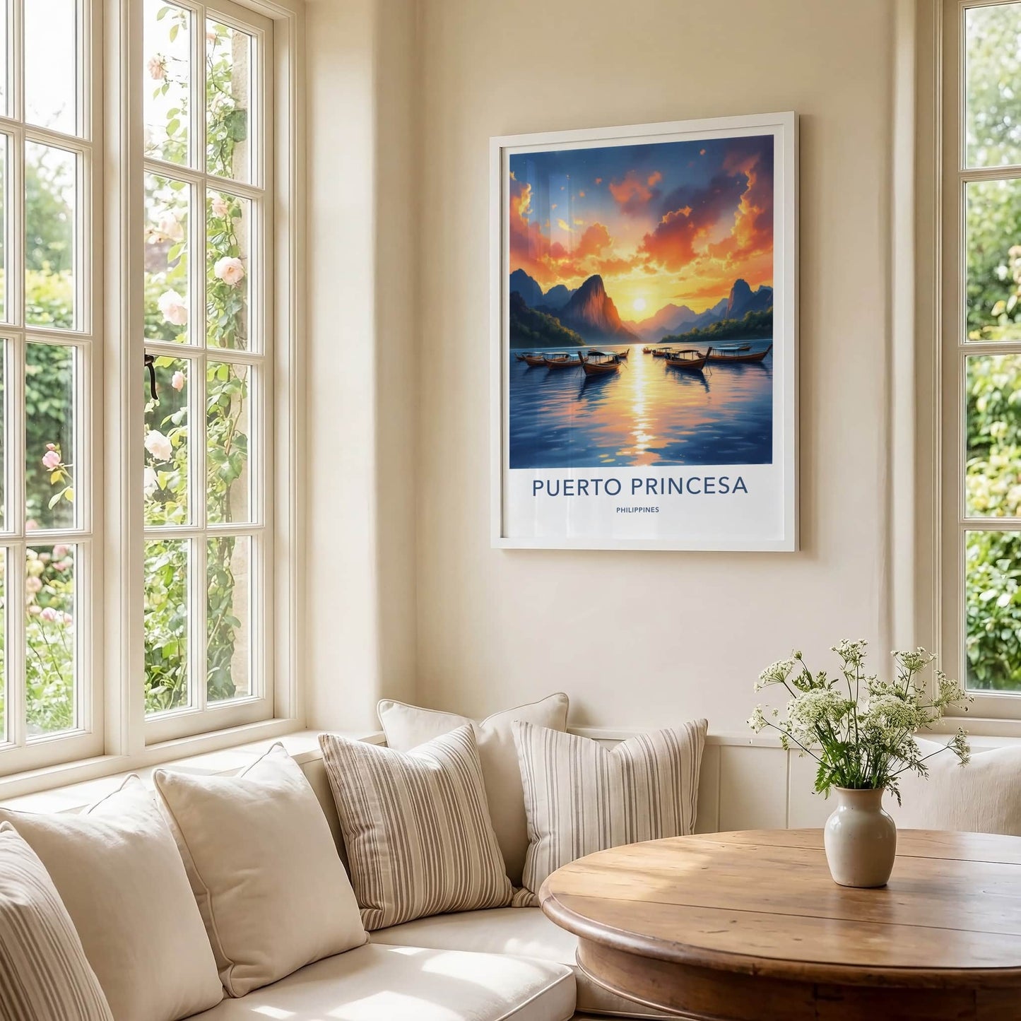 Puerto Princesa Poster - Philippines Travel Art - Boats ocean sunset Home Decor